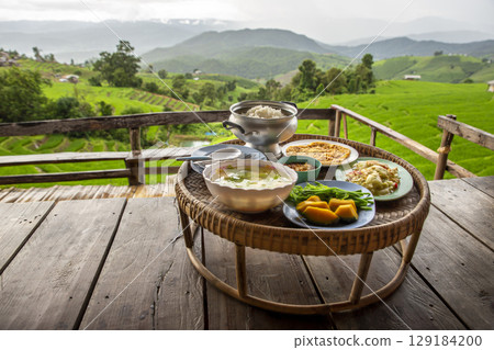Dinner Restaurants at Pa Pong Piang Rice Terraces, Mae Chaem, Chiang Mai. with Rice Paddy Views. Dinner Restaurants at Pa Pong Piang Rice Terraces, Mae Chaem, Chiang Mai. with Rice Paddy Views. 129184200