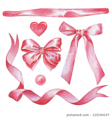 A hand-drawn set with pink festive elements. Watercolor illustration on a white background. Ribbons, bows and decorative elements for decorating holidays and gifts. A template for postcards 129184247