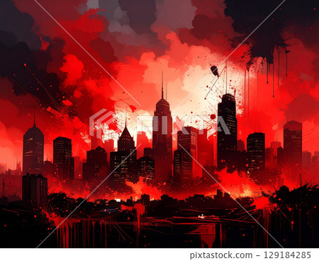 A disturbing red and black background with a city silhouette 129184285