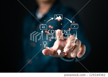 Interactive Content Marketing. A hand engages with a digital cycle of content creation, from AI generated ideas to diverse formats like images and videos. 129184362