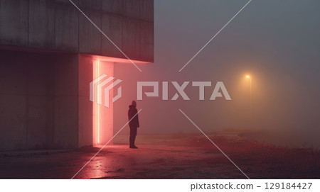 Man Standing by Neon-Lit Door in a Foggy and Isolated Atmosphere 129184427