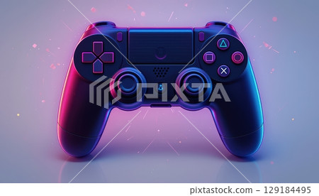 Modern Game Controller with Vibrant Neon Pink and Blue Glow 129184495