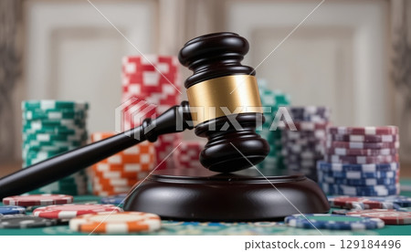 Gavel and Casino Chips on Table Illustrating Gambling Law 129184496