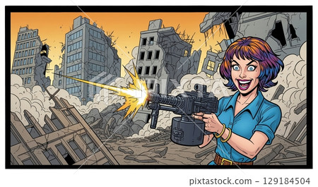 A woman with rainbow hair shooting a large gun in a destroyed city 129184504