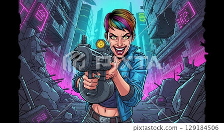 A woman with blue hair firing a large gun in a ruined city 129184506
