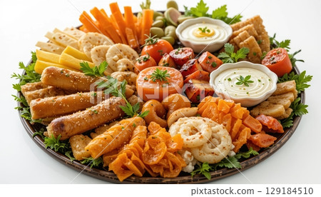 A platter of assorted sausage and vegetable appetizers 129184510