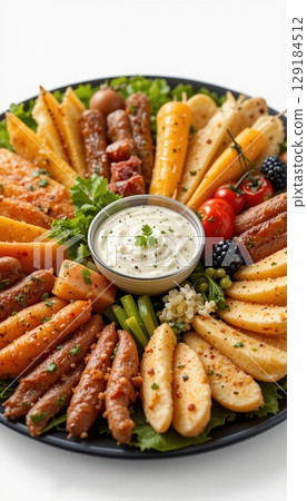A platter of grilled sausages and roasted vegetables 129184512
