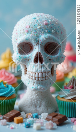 A sugar skull surrounded by colorful cupcakes and sweets 129184532