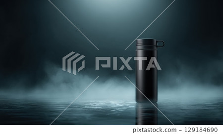 Minimalist Black Thermos on Water With Atmospheric Lighting and Reflection Minimalist Black Thermos on Water With Atmospheric Lighting and Reflection 129184690