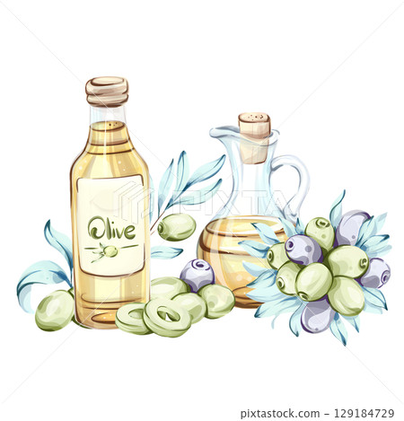 Exploring the essence of olives and olive oil through watercolor illustrations inspired by Italian cuisine 129184729