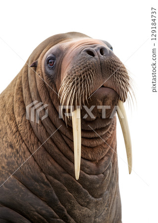 Close-up of majestic walrus with long tusks and wrinkled skin, arctic wildlife isolated on transparent background 129184737