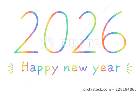 Rainbow colored hand-drawn lettering 2026 and Happy New Year logo 129184863