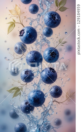 Dynamic Shot of Blueberries Splashing with Water Drops Dynamic Shot of Blueberries Splashing with Water Drops 129184959