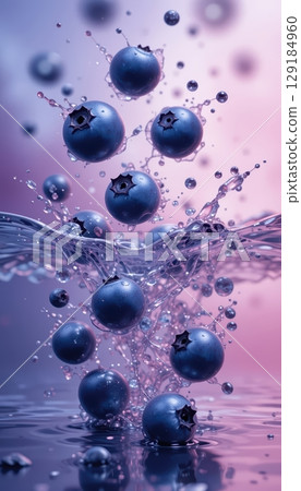 Beautiful Blueberries Bursting Through a Wave of Water 129184960