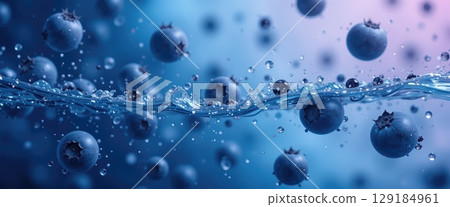 Fresh Blueberries Falling into Cool Water with Ripples 129184961