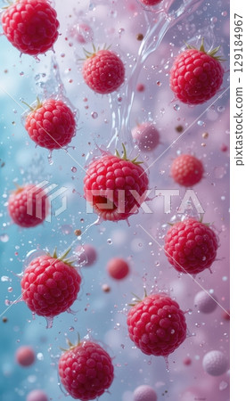 Luscious Raspberries Splashing into a Beautiful Water Stream 129184967