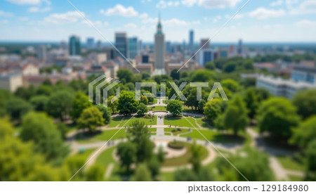 Lush Green Park with a City Skyline Background 129184980