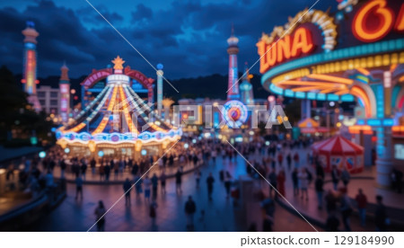 A Lively Night Scene at an Amusement Park 129184990