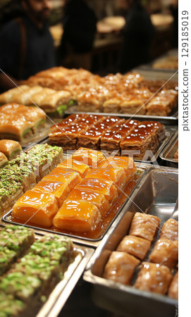 Assortment of delicious middle eastern pastries with honey glaze and nuts 129185019