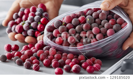 Handful of frozen cranberry berries in transparent bag on gray surface 129185020