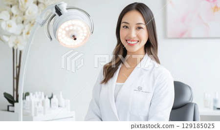 Asian female dentist smiling in clinic with modern equipment and bright lighting 129185025