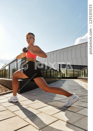 Athletic woman stretching outdoors under bright sunlight in sportswear 129185035