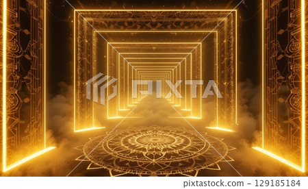 Golden Illuminated Gateway With Geometric Patterns and Enchanting Glow. 129185184