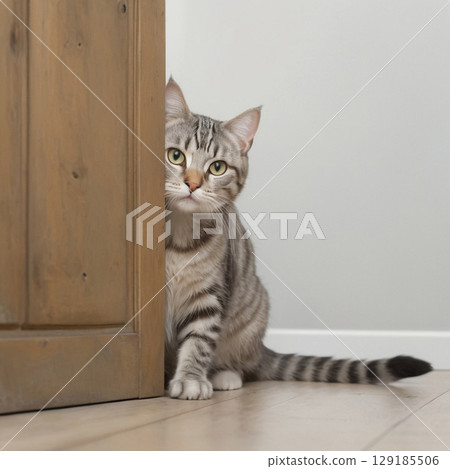 一隻虎斑貓透過門偷看 129185506