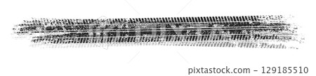 Grunge tire tracks with mud splatters, dirty wheel braking marks. Truck, car, or motorcycle tread pattern silhouettes. Perfect for off-road, motorsport, and racing designs. Vector illustration 129185510