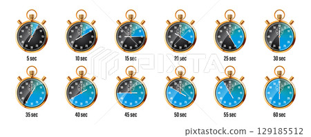 Realistic classic stopwatch. Shiny golden metal chronometer, time counter with dial. Blue countdown timer showing minutes and seconds. Time measurement for sport, start, finish. Vector illustration Realistic classic stopwatch. Shiny golden metal chronometer, time counter with dial. Blue countdown timer showing minutes and seconds. Time measurement for sport, start, finish. Vector illustration 129185512