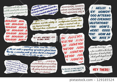 Ripped paper strips with handwritten text. Realistic crumpled paper scraps with torn edges. Shreds of notebook, book or old newspaper pages. Trendy collage elements. Vector illustration Ripped paper strips with handwritten text. Realistic crumpled paper scraps with torn edges. Shreds of notebook, book or old newspaper pages. Trendy collage elements. Vector illustration 129185524