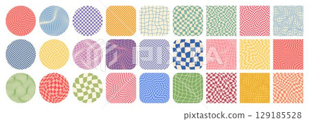 Groovy checkered pattern, colorful tiled grid. Vintage wavy curved backdrop, distortion effect. Funky geometric chessboard texture, retro background in 90s style, y2k. Vector illustration 129185528