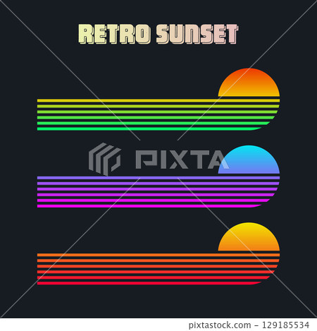 Vintage colorful sunset. Various gradient striped sunrise badges in 80s and 90s style. Sun and ocean view, summer vibes, surfing. Design element for print, logo or t-shirt. Vector illustration 129185534
