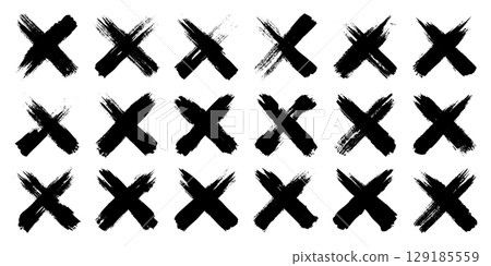 Grunge crosses, brush strokes, x mark, lines, ink smudges, hand-drawn scribble shapes. Handmade sketchy marks, acrylic stains, charcoal streaks. Paint textures, dry brush effect. Vector illustration 129185559
