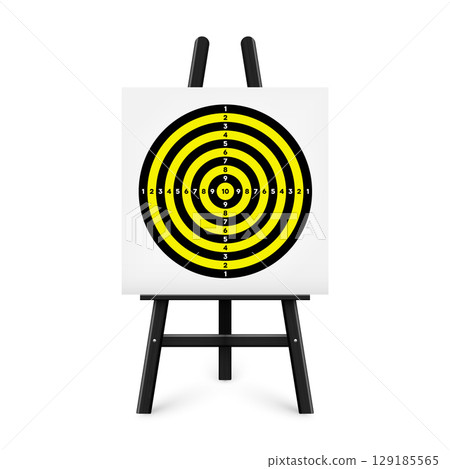 Shooting range target on a wooden easel stand. Paper target with divisions, marks and numbers. Archery, gun shooting and training, sport competition, hunting. Bullseye and aim. Vector illustration Shooting range target on a wooden easel stand. Paper target with divisions, marks and numbers. Archery, gun shooting and training, sport competition, hunting. Bullseye and aim. Vector illustration 129185565