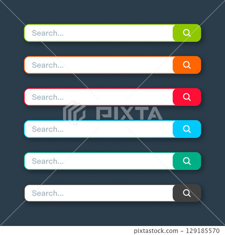 Various search bar templates. Internet browser engine with search box, address bar and text field. UI design, website interface element with web icons and push button. Vector illustration 129185570