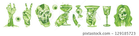 Halloween zombie party illustration, hand drawn watercolor spooky monster head, green undead hand.  129185723