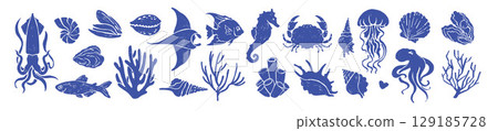 Ocean life summer illustration set, marine underwater animal print, hand drawn sea habitat icon.  129185728