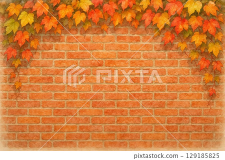 Background material: Autumn leaves and brick wall 129185825