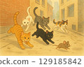Cats chasing mice in the alleyway illustration 129185842