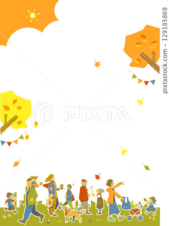 色彩繽紛、充滿樂趣的框架插圖，描繪了各個年齡層的人都居住的秋季小鎮。 129185869