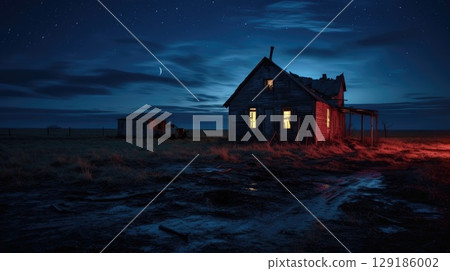 Abandoned damaged old house with lights on inside 129186002