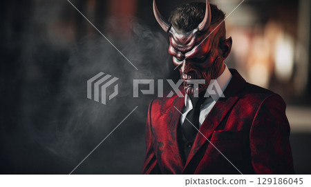 Man in red devil costume with copyspace 129186045