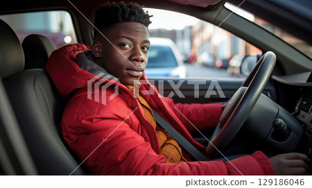 Dark-skinned serious teenager driving a car learns driving in a driving school 129186046