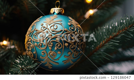 Christmas ball with patterns hanging on the Christmas tree close-up with copyspace Christmas ball with patterns hanging on the Christmas tree close-up with copyspace 129186047