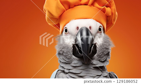 Parrot in chef's hat on an orange background, place for your text Parrot in chef's hat on an orange background, place for your text 129186052