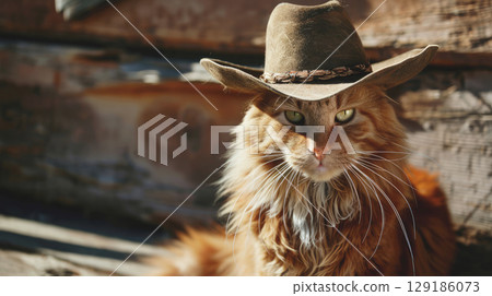 Ginger cat in a cowboy hat close-up 129186073