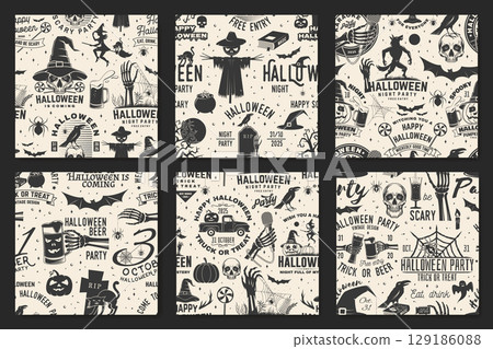 Set of Halloween night party seamless pattern or background. Vector. Seamless scene for holiday Halloween wallpaper or wrapper with werewolf, skull hand hold microphone, wizard hat, spiders, bats 129186088