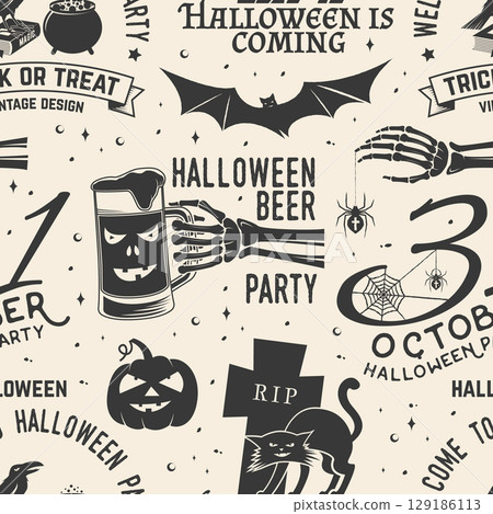 Set of Halloween celebration seamless pattern with retro grunge effect. Vector. Halloween party retro badges. Background, wallpaper, seamless pattern with patches Set of Halloween celebration seamless pattern with retro grunge effect. Vector. Halloween party retro badges. Background, wallpaper, seamless pattern with patches 129186113