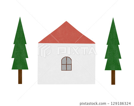 一組紅色屋頂和樹木的房屋插圖 129186324